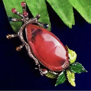 New Volcano Cherry Quartz Silver Rhinestone Pin Brooch Pendant.